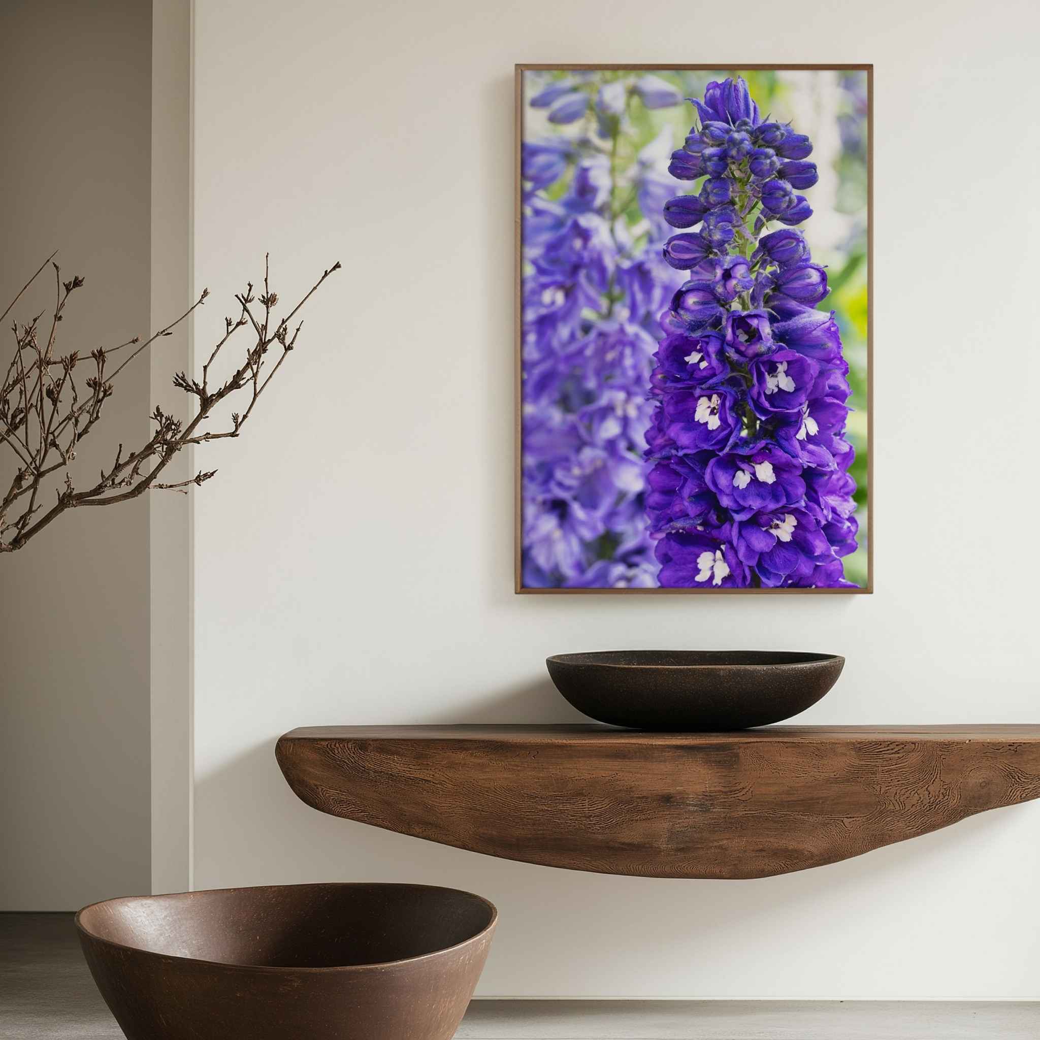 Violet Harmony purple larkspur canvas print displayed above a natural wood console in a neutral entryway by Abigail Diane Photography.