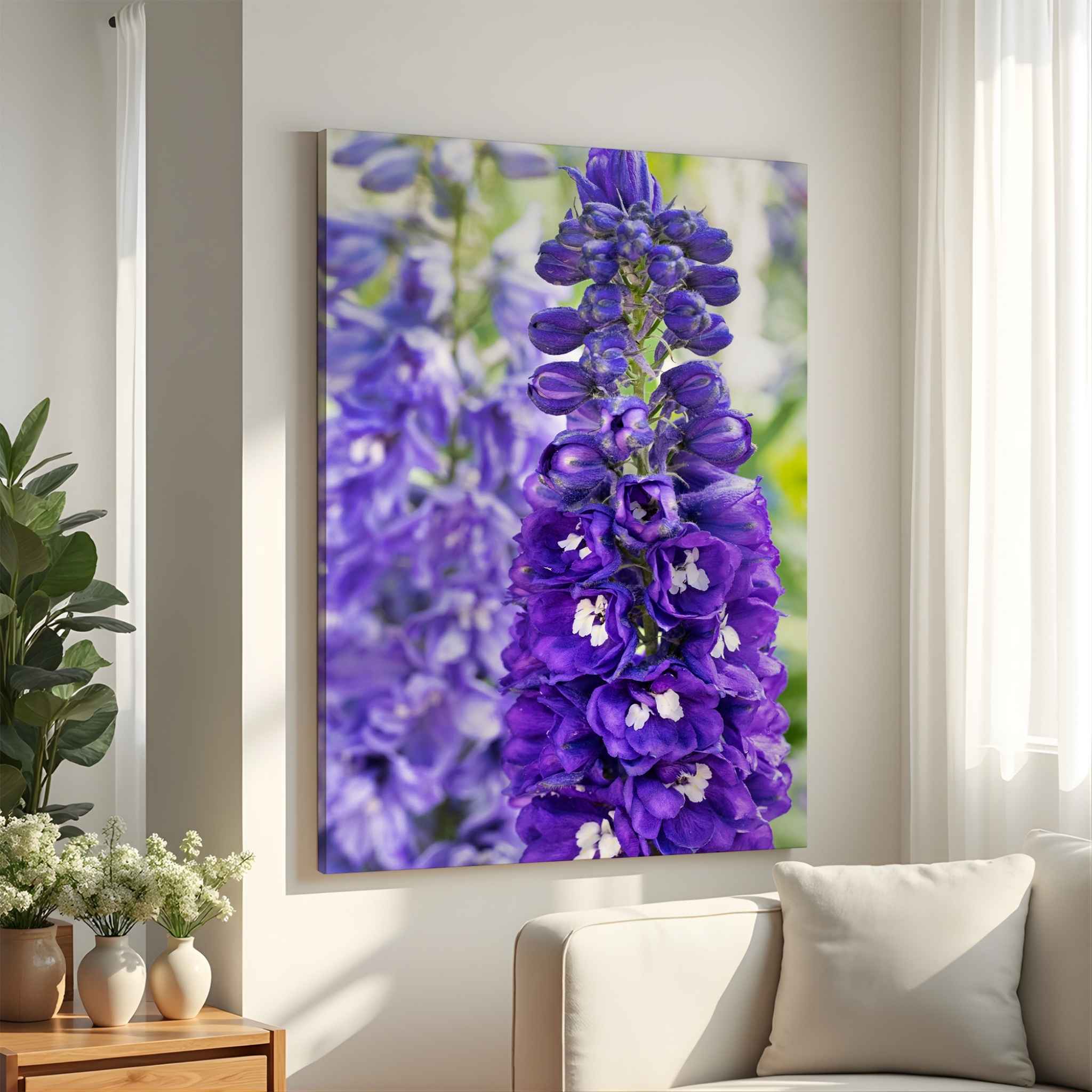 Violet Harmony purple larkspur canvas print displayed in a bright neutral living room by Abigail Diane Photography.