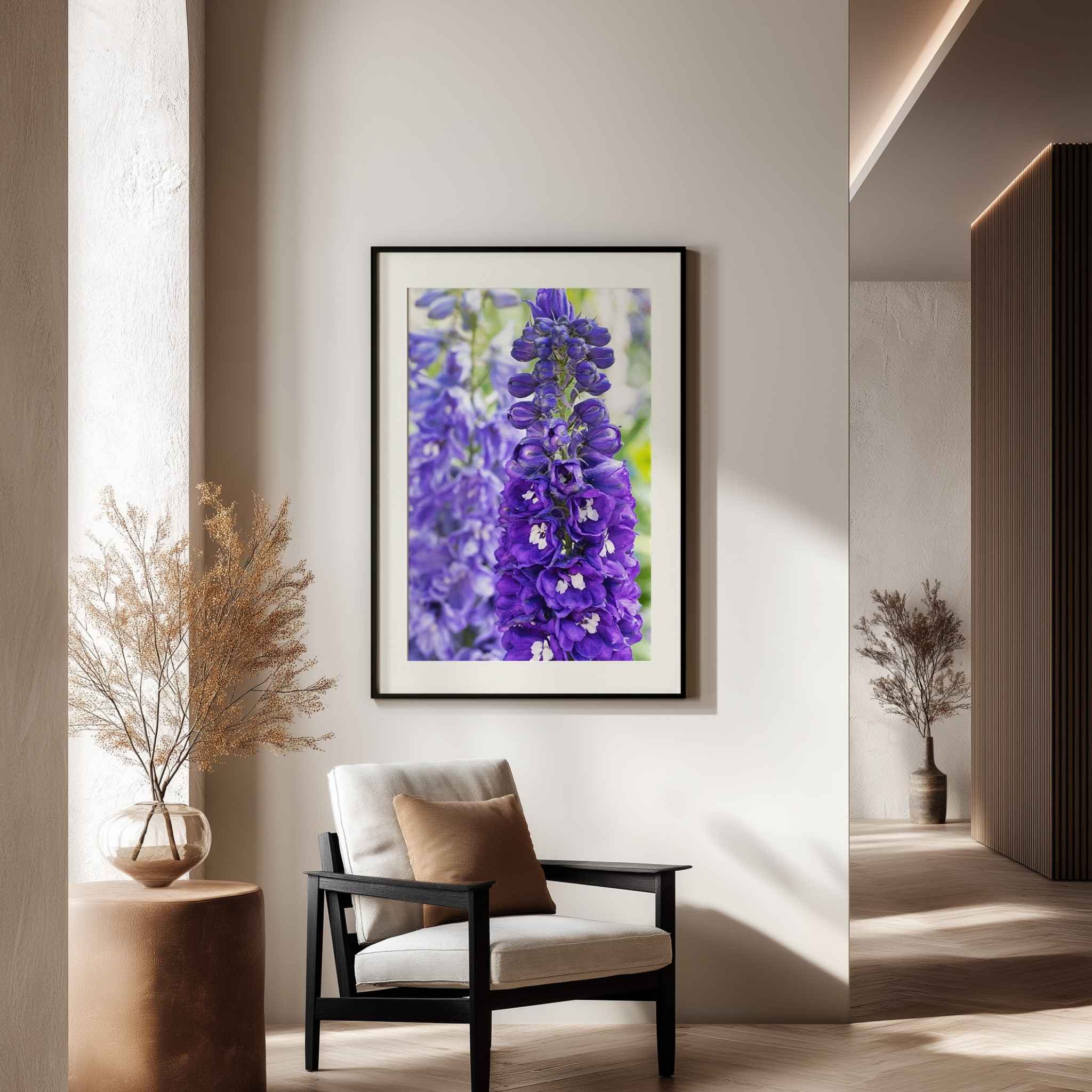 Violet Harmony purple larkspur framed fine art print displayed in a modern neutral interior above an accent chair by Abigail Diane Photography.