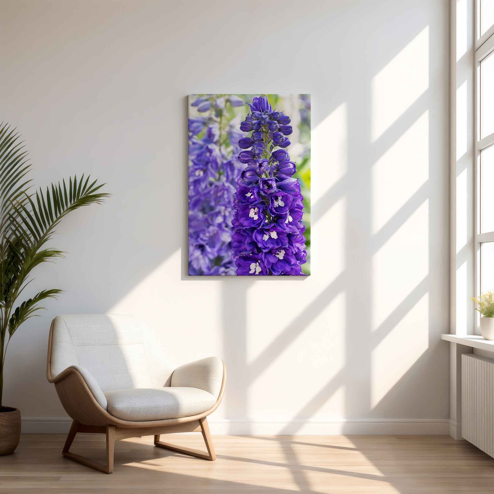 Violet Harmony purple larkspur metal print displayed in a bright modern room with a neutral chair and natural light by Abigail Diane Photography.