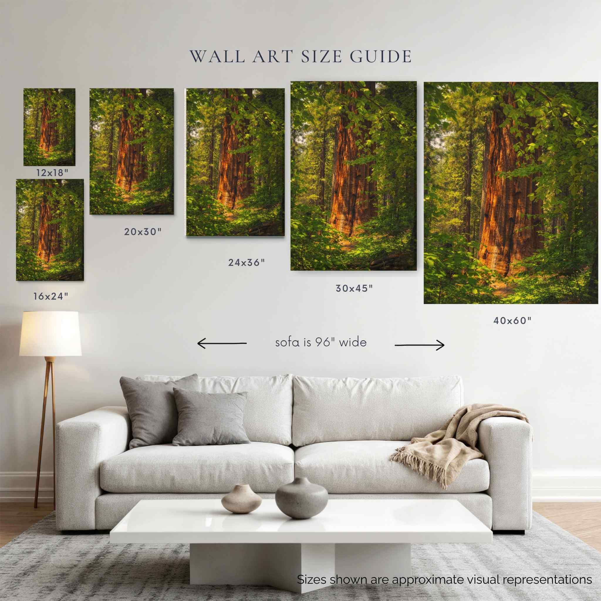 Wall art size guide comparing Where the Giants Awaken in 12x18, 16x24, 20x30, 24x36, 30x45, and 40x60 print sizes above a 96-inch sofa to help visualize artwork scale.