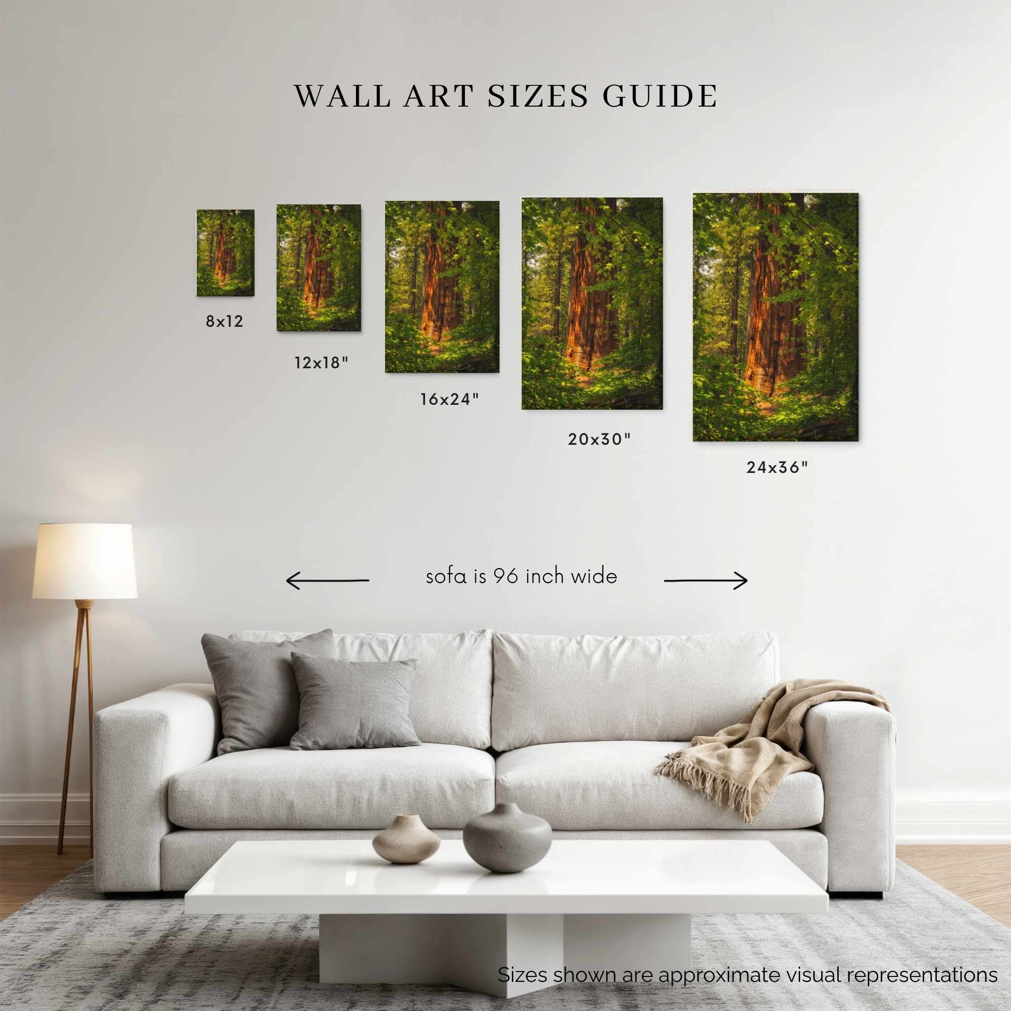 Wall art size guide showing Where the Giants Awaken by Abigail Diane Photography in 8x12, 12x18, 16x24, 20x30, and 24x36 sizes displayed above a 96-inch sofa for scale.