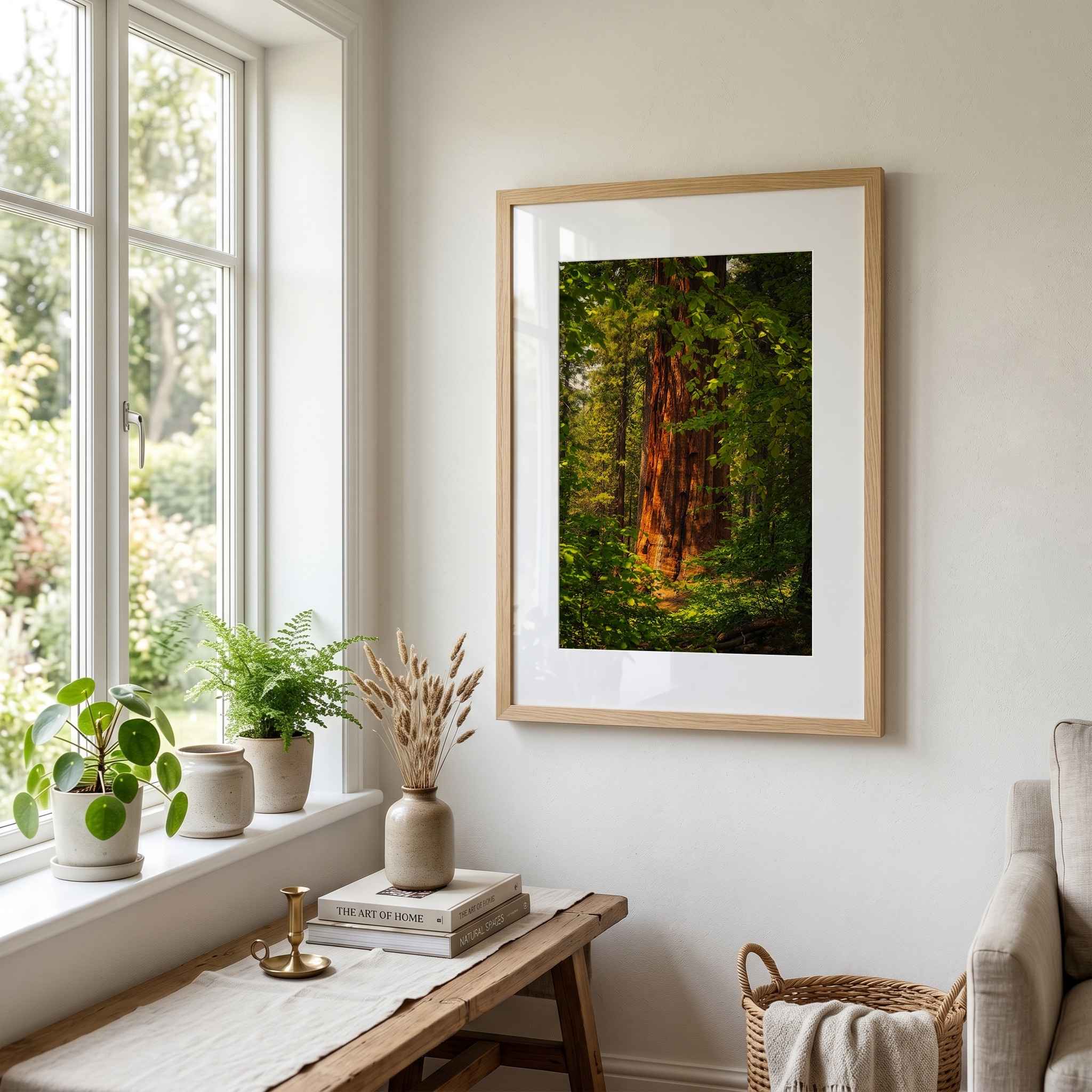 Where Giants Awaken fine art print by Abigail Diane Photography displayed in a light oak frame on a bright living room wall beside a window. Photograph of a towering giant sequoia in Mariposa Grove, Yosemite National Park, California.
