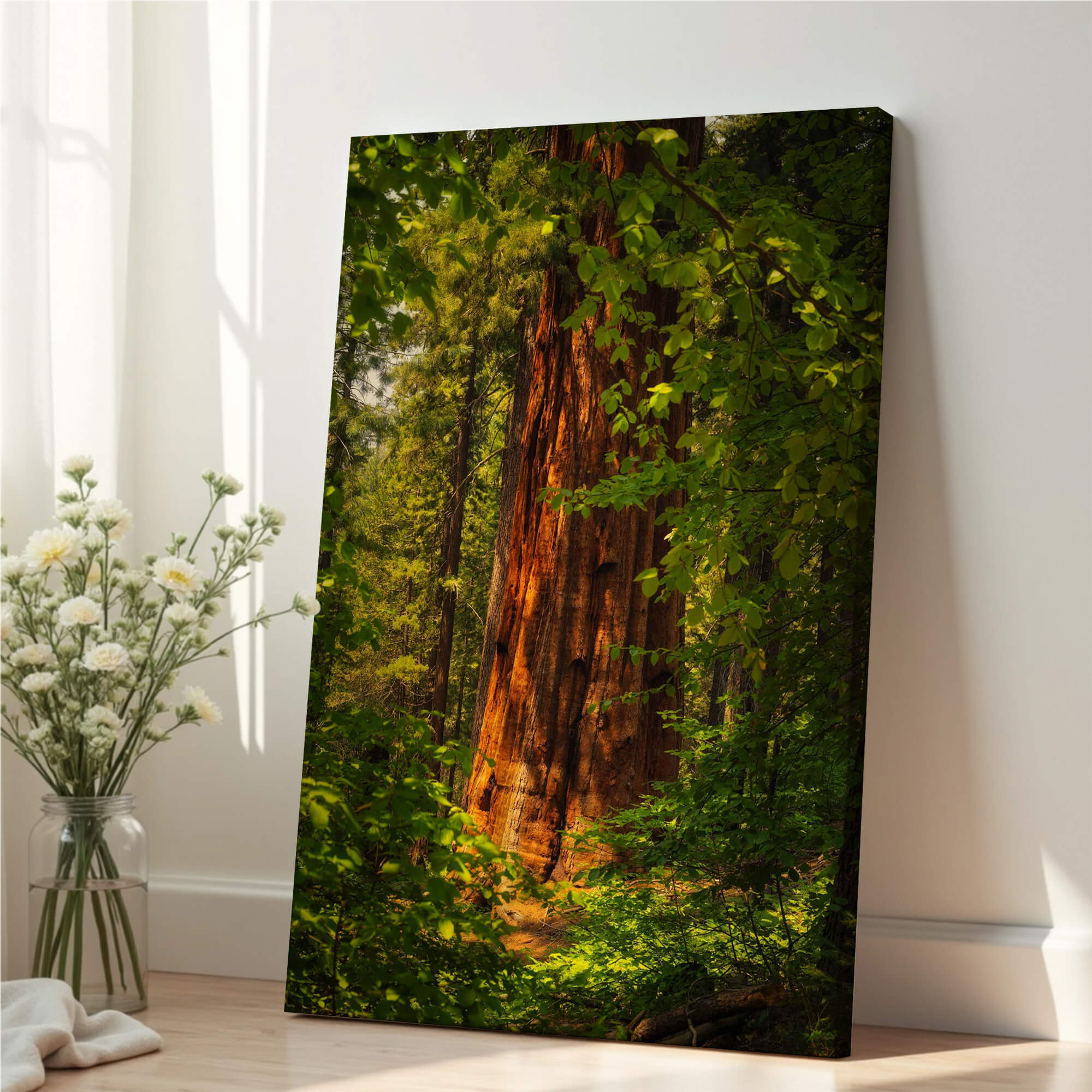 Gallery wrapped canvas of Where the Giants Awaken by Abigail Diane Photography featuring a towering giant sequoia glowing in warm forest light at Mariposa Grove, Yosemite National Park.