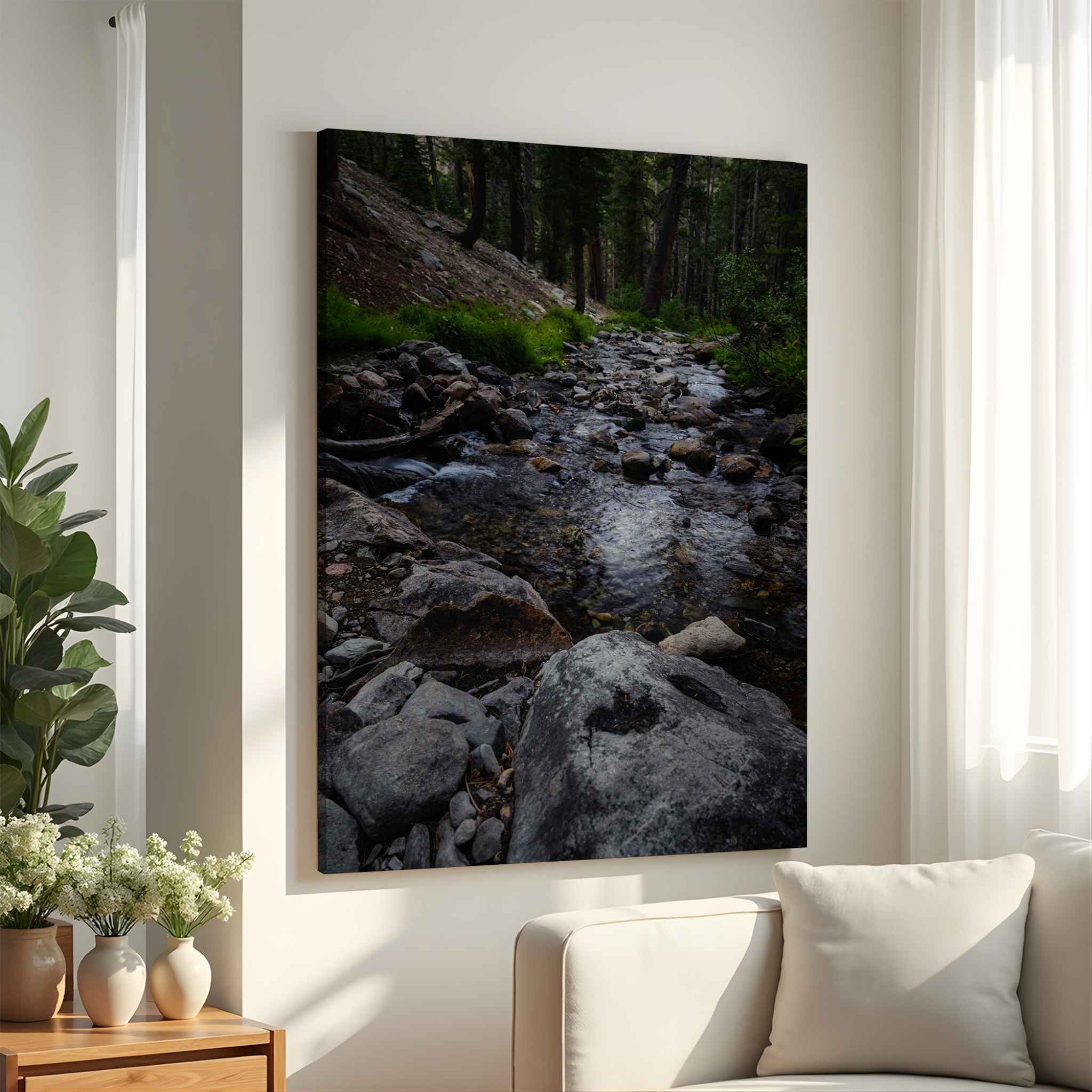 Where the Stepping Stones Lead canvas print featuring a rocky mountain stream flowing through the Eastern Sierra, California, displayed in a bright neutral living room.