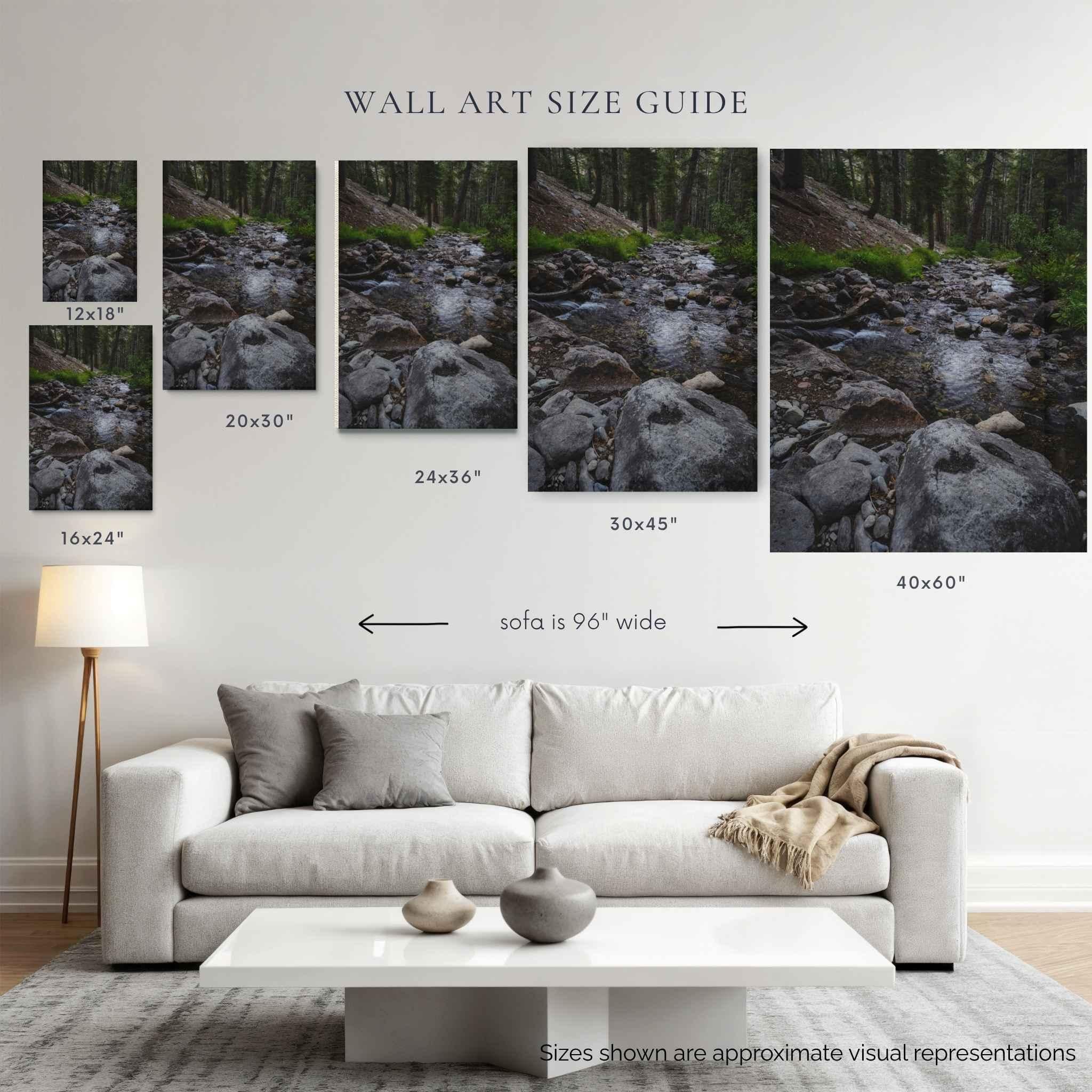 Wall art size guide for Where the Stepping Stones Lead canvas print, showing 12x18, 16x24, 20x30, 24x36, 30x45 and 40x60 inch sizes above a 96-inch sofa.