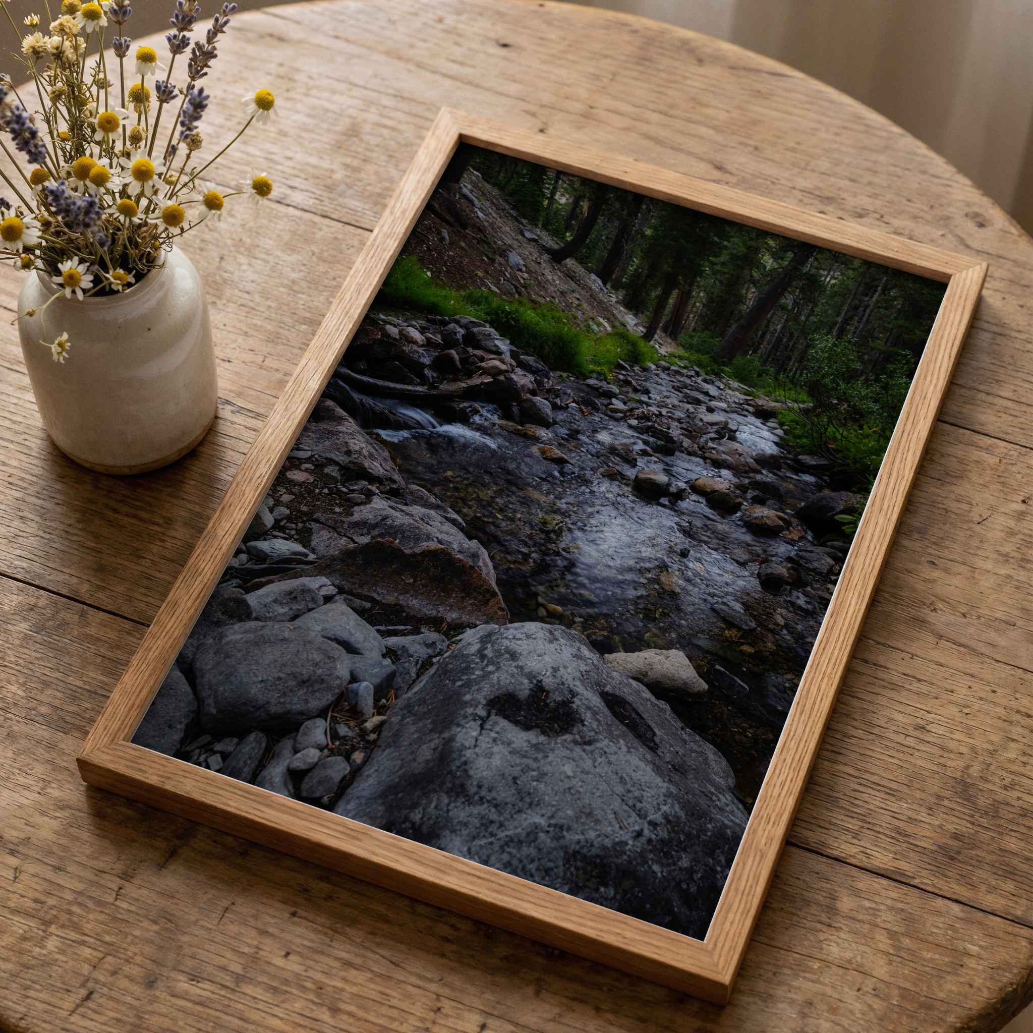 Close-up of Where the Stepping Stones Lead fine art print showing the rocks, flowing stream, and forest of the Eastern Sierra, California.