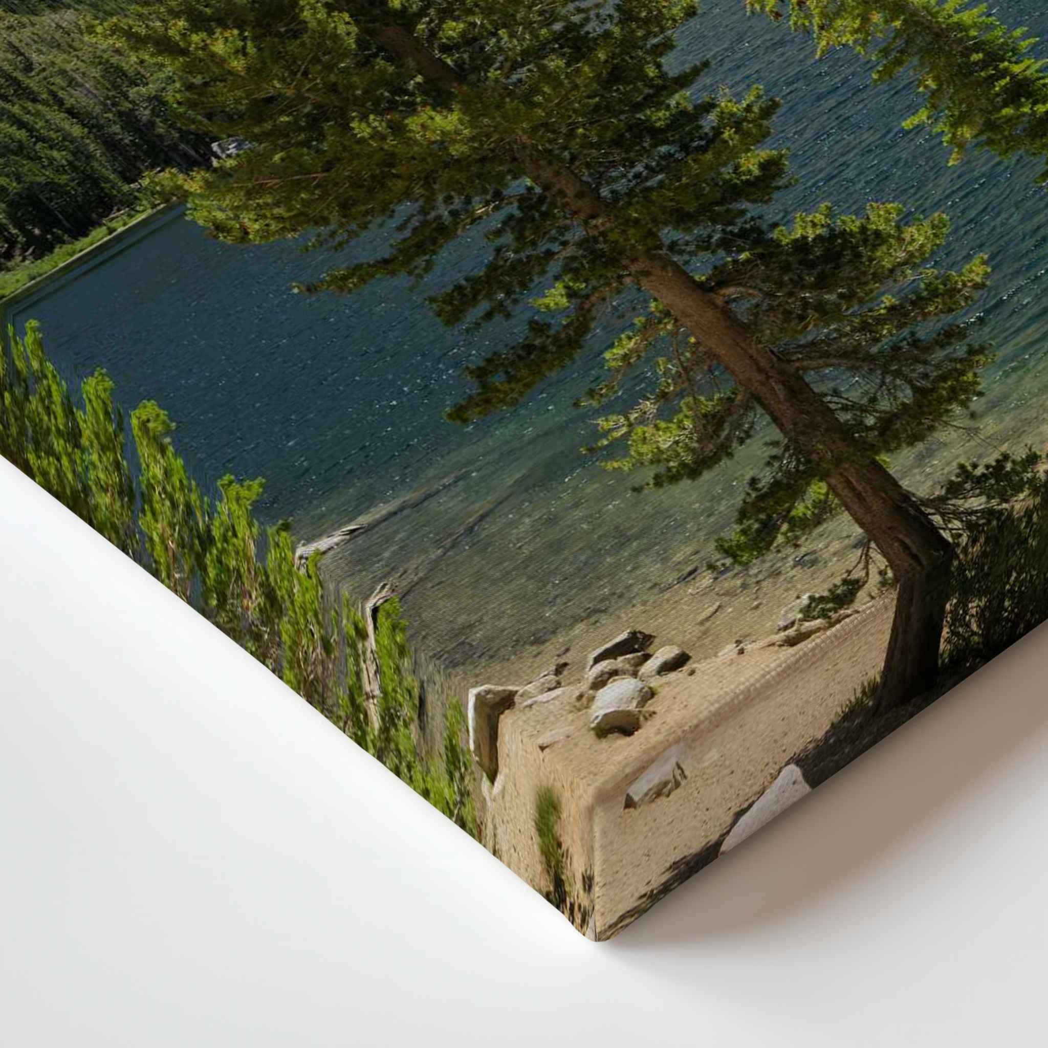Close-up corner detail of Where the Trail Leads gallery-wrapped canvas, featuring the blue waters of TJ Lake and pine forest in Mammoth Lakes, California.