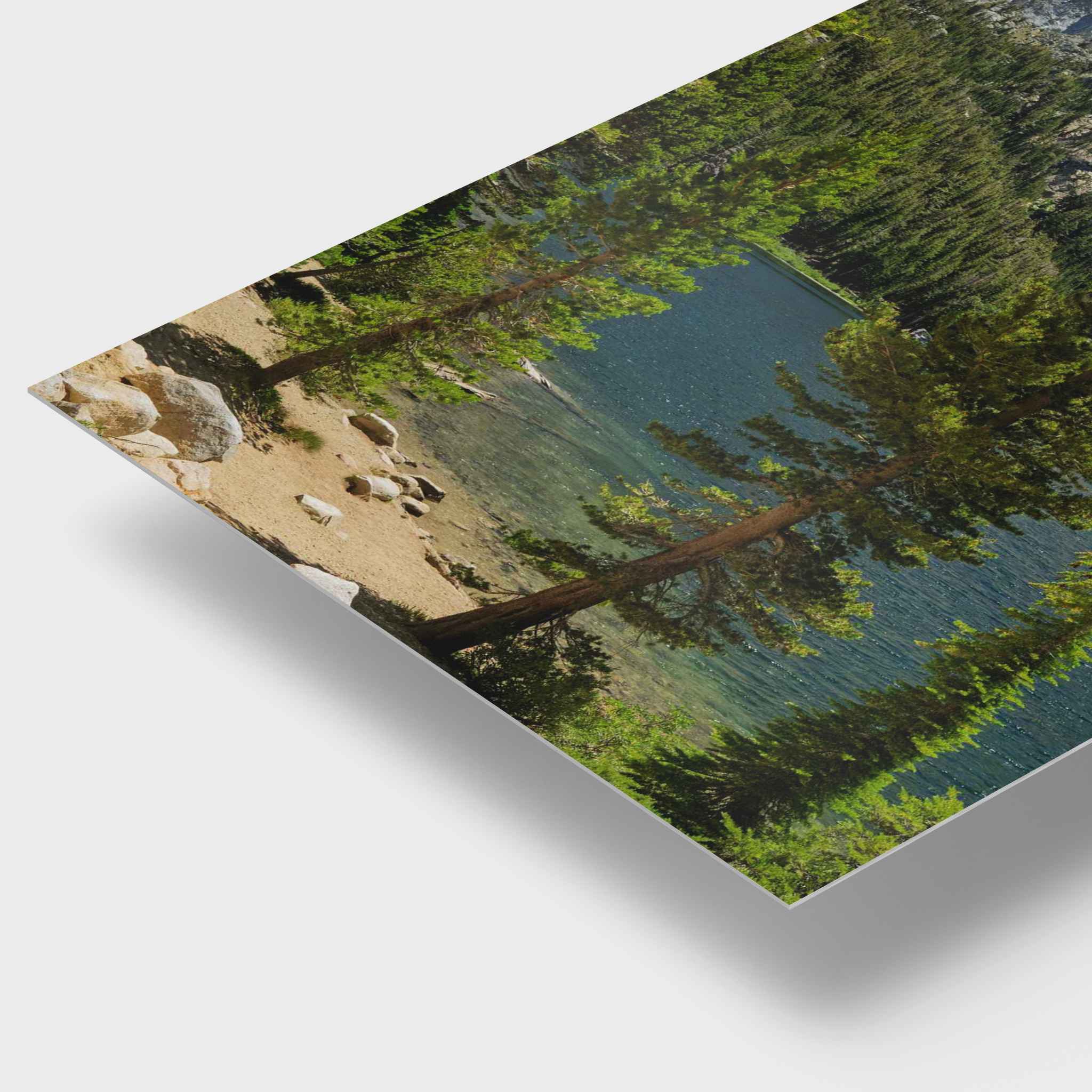 Where the Trail Meets the Mountains HD metal print close-up featuring the crystal-clear waters of T J Lake surrounded by pine forest and rugged alpine scenery in Mammoth Lakes, California’s Eastern Sierra, taken by Abigail Diane Photography.