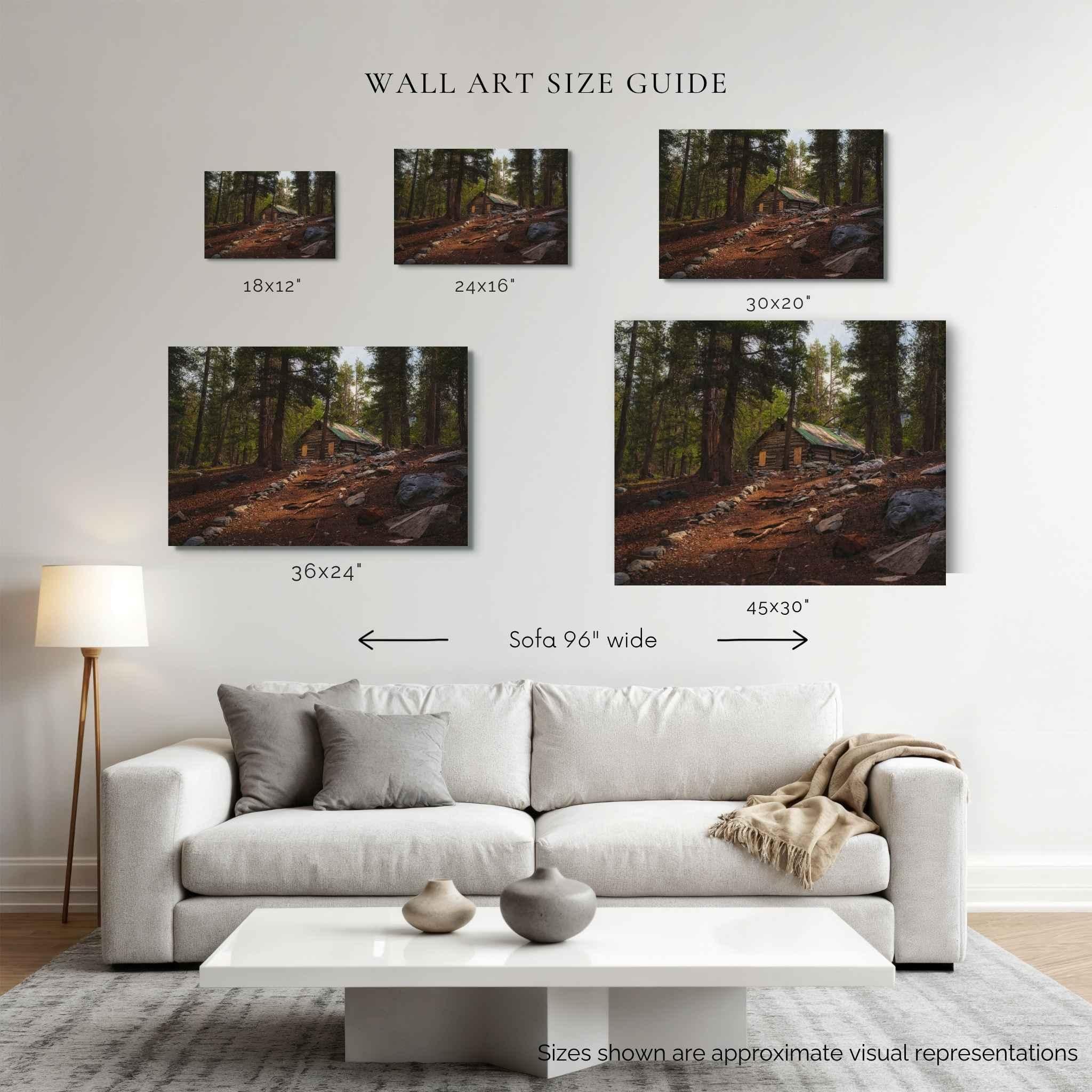 Wall art size guide for Where the Trail Meets the Past canvas print, showing 18x12, 24x16, 30x20, 36x24 and 45x30 inch sizes above a 96-inch sofa.