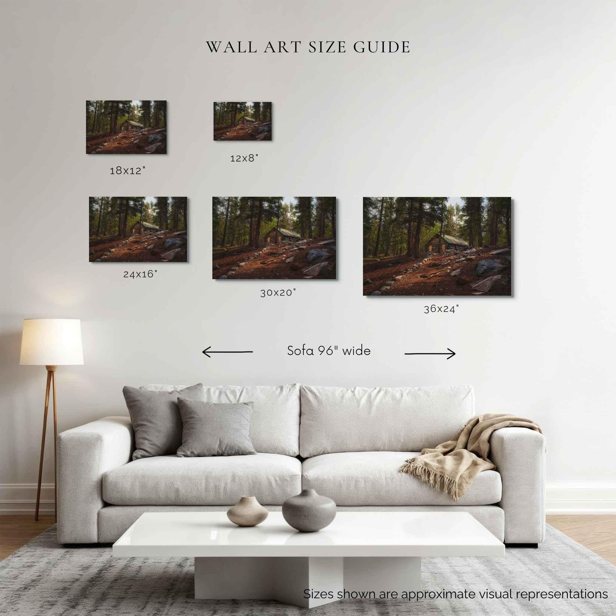 Wall art size guide for Where the Trail Meets the Past fine art print, showing 12x8, 18x12, 24x16, 30x20 and 36x24 inch sizes above a 96-inch sofa.