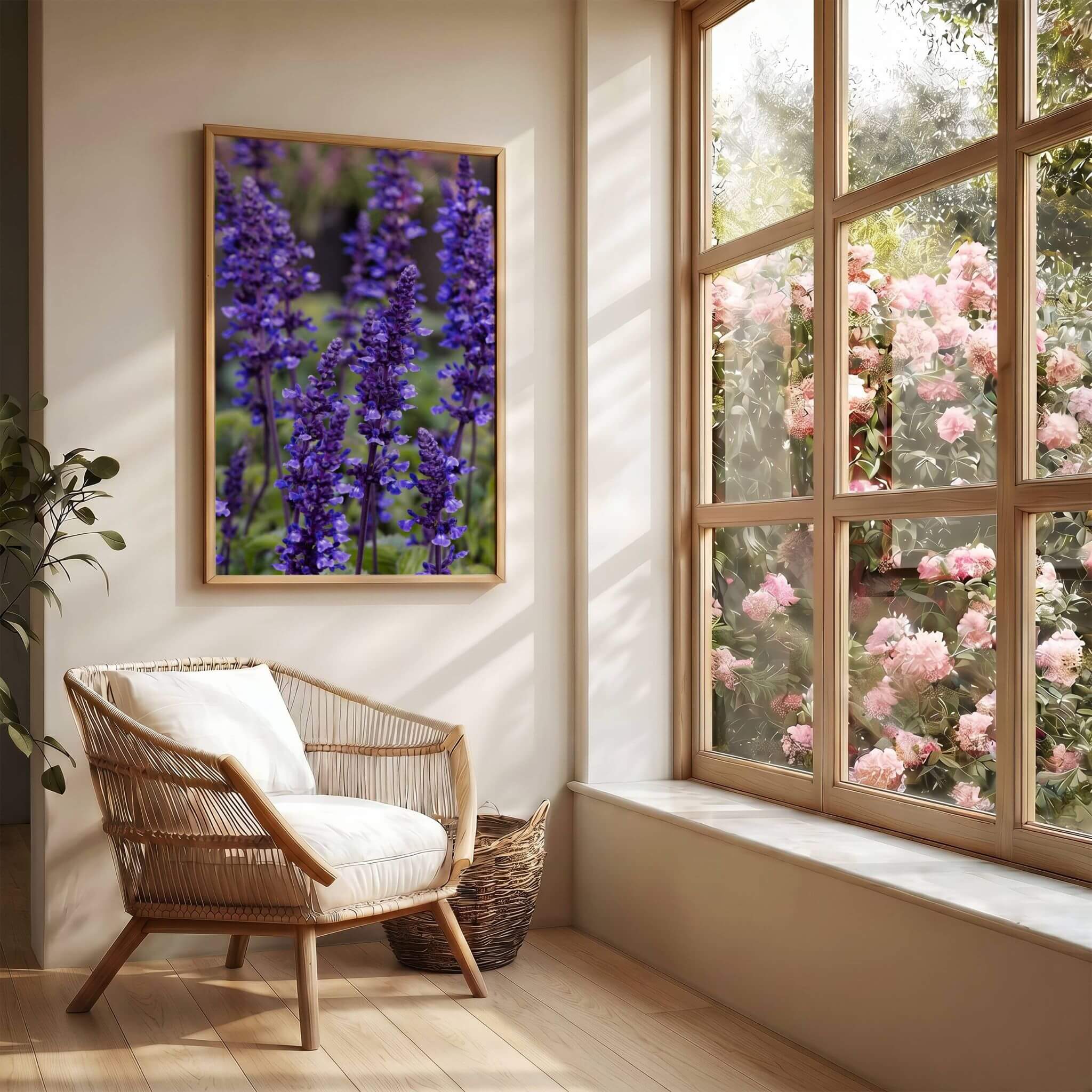 Where the Wildflowers Dream by Abigail Diane Photography featuring vibrant purple salvia flowers displayed in a natural wood frame above a woven chair beside a sunlit window overlooking a blooming garden, creating a serene botanical retreat.