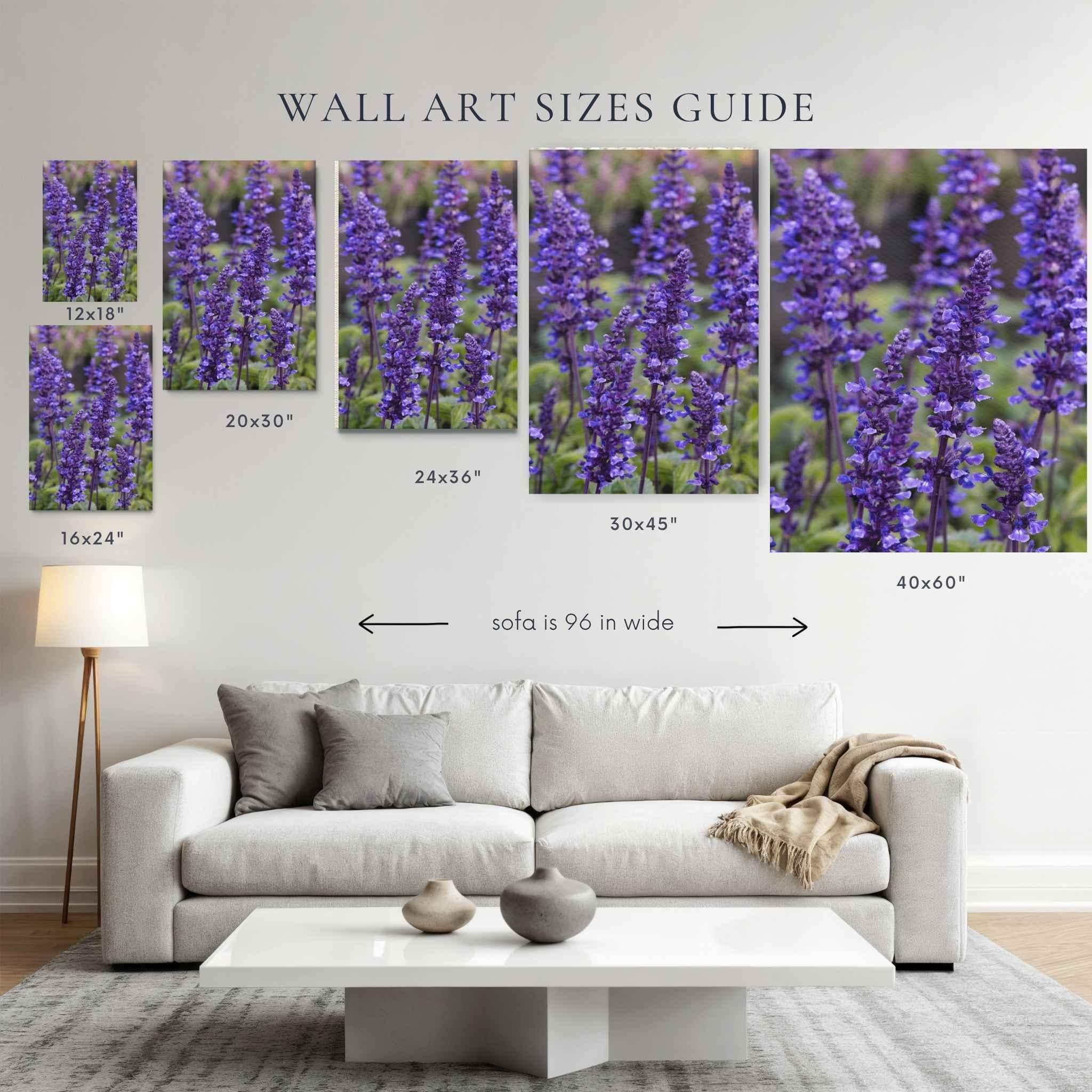 Wall art size guide for Where the Wildflowers Dream by Abigail Diane Photography showing print sizes 12x18, 20x30,24x36 and 40 x 60 displayed above a 96-inch sofa for scale