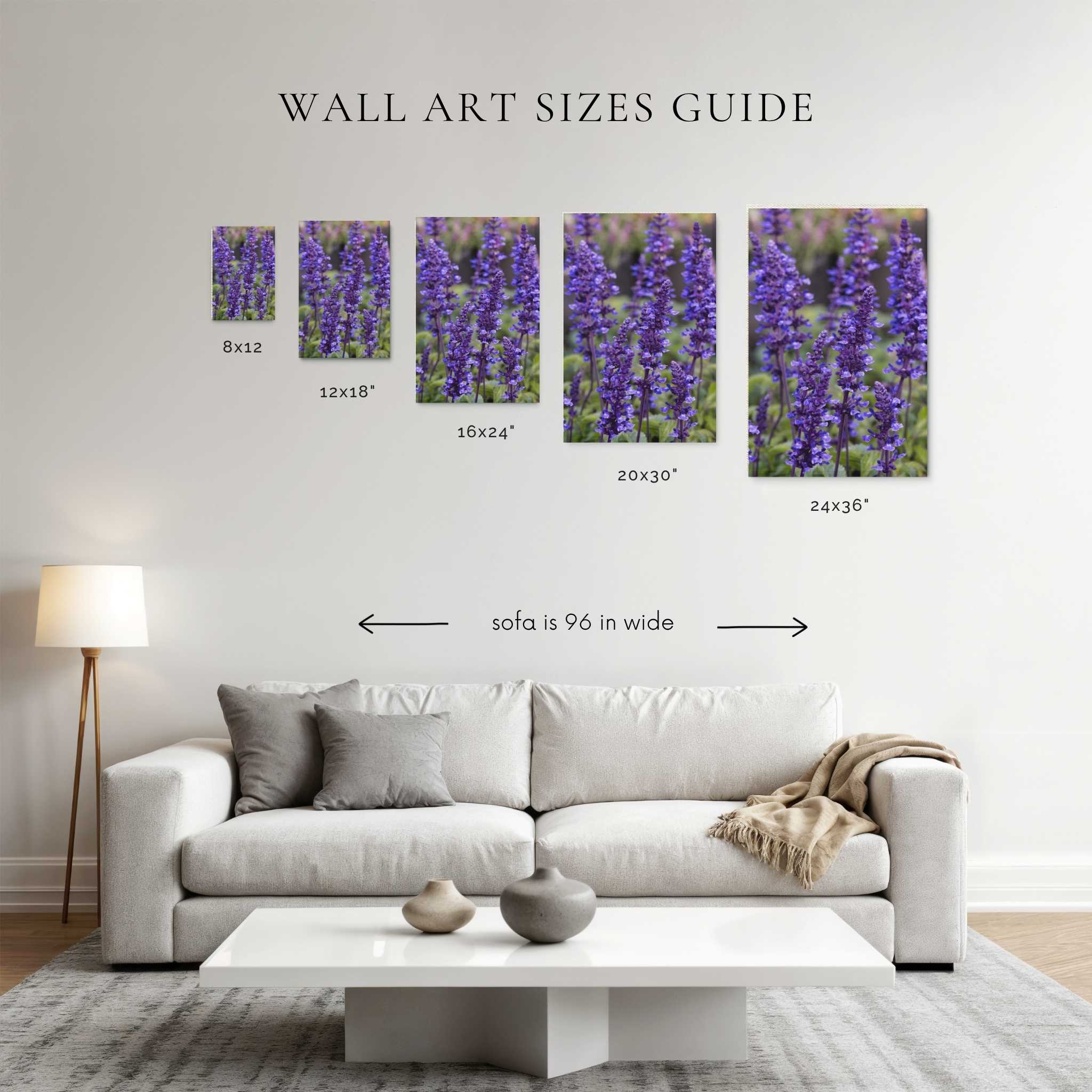 where the wildflowers dream fine art printed wall size chart by Abigail Diane Photography showing 8x12, 12x18, 16x24, 20x30, 24x36  print sizes displayed above a 96-inch sofa for wall art size comparison