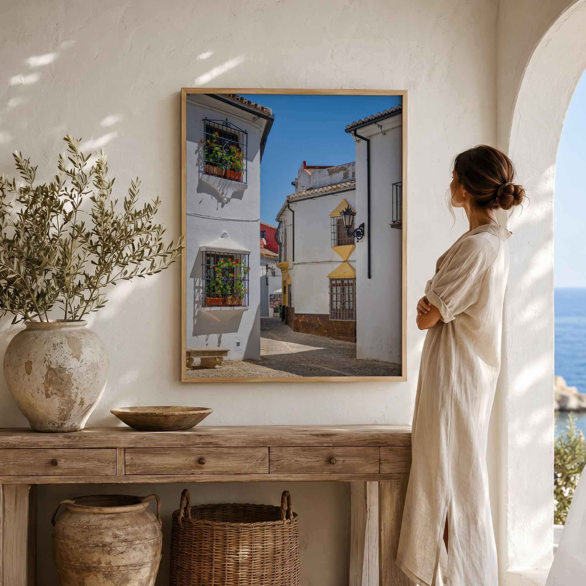 Whitewashed Streets of Setenil wall art featuring white village architecture in Andalucía, Spain, displayed in a serene interior – Abigail Diane Photography