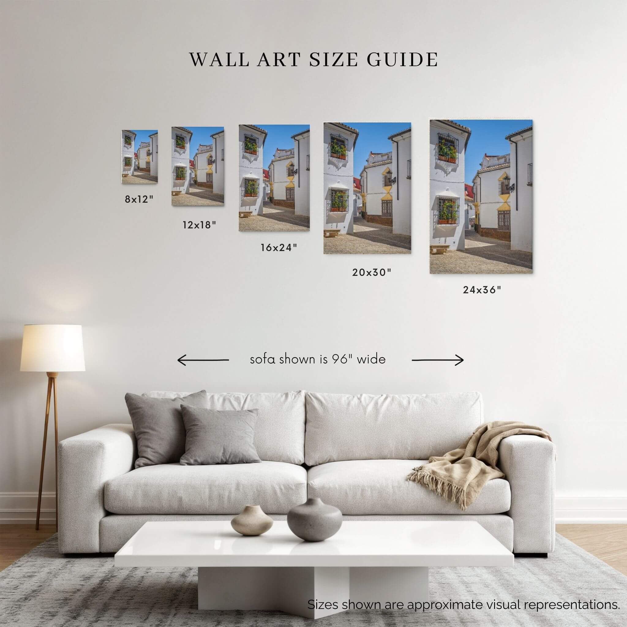 Whitewashed Streets of Setenil wall art size guide showing fine art print sizes from 8x12 to 24x36 – Abigail Diane Photography.