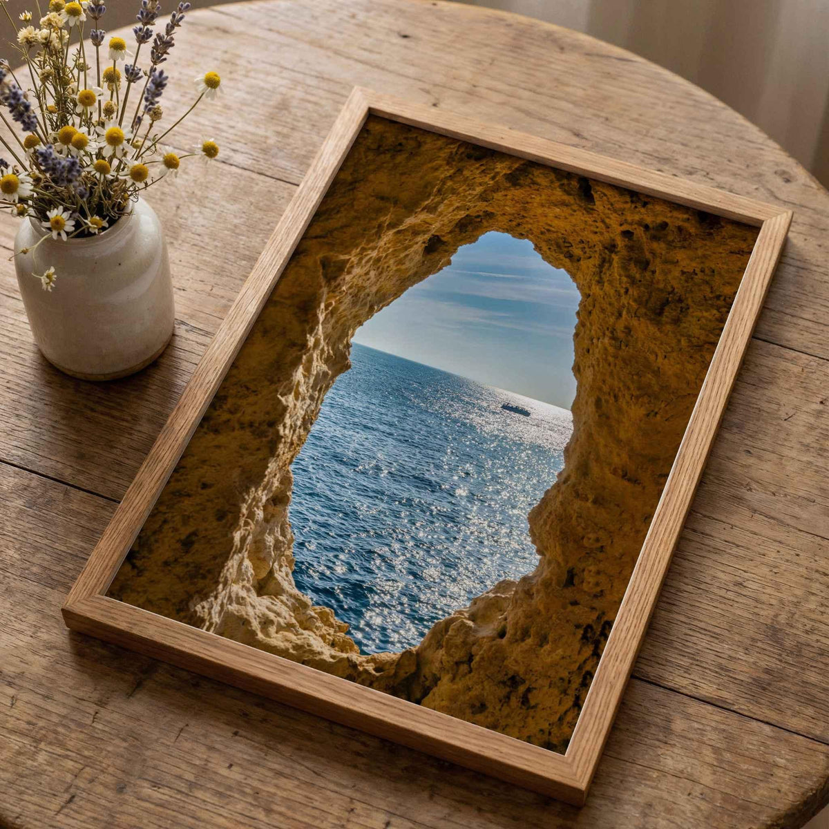 Window to the Atlantic fine art print featuring the golden limestone cliffs and blue Atlantic Ocean at Algar Seco, Algarve, Portugal.